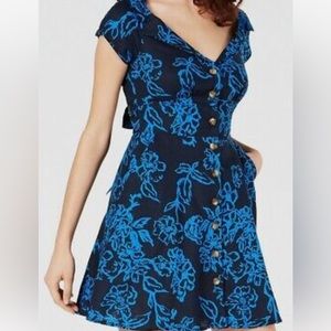 Free People A Thing Called Love Mini Dress Navy Floral Linen A line Tie